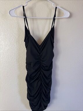 Black Ruched V-Neck Spaghetti Strap Dress